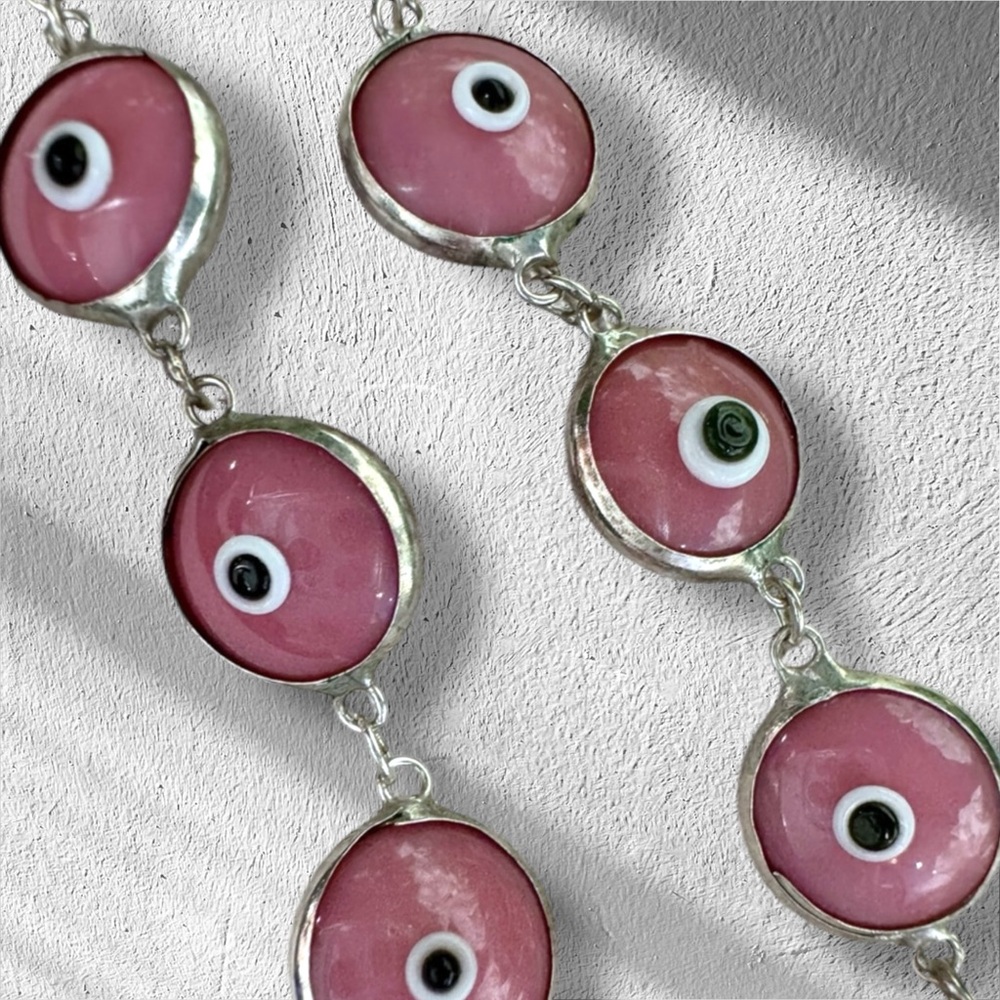 Vintage Handmade Pink Evil Eye Bracelet Solid 925 Sterling Silver